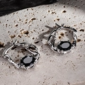 Irregular S925 sterling silver hoop earrings with black oval gemstone in liquid metal style - White Gold