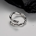 Minimalist S925 sterling silver irregular wavy open ring with liquid metal texture - Adjustable Open / Silver