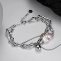 Bracciale multistrato in argento S925 con una perla barocca e un ciondolo in metallo - Argento 925 / Oro Bianco