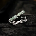 Bamboo textured S925 sterling silver ring featuring green aventurine jade beads - Adjustable Size 14 / White Gold