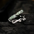 Bamboo-style S925 sterling silver open ring with green aventurine beads and wavy design - Adjustable Size 14 / White Gold
