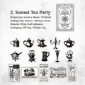 Adesivi vintage Sunset Tea Party in carta kraft bianca con motivi di tè e candele - Tea Party al Tramonto