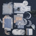 Celestial moon phase scrapbooking kit with blue aesthetic stickers and vintage moon cards - Misty Moonlight