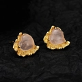 Orecchini a cuore in quarzo rosa e argento S925 dorato con design stile lava fusa - Argento 925 / Oro 18K