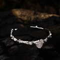 S925 silver open cuff bracelet with pink rose quartz and branch texture design - 925 Silver / White Gold