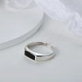 Minimalist S925 sterling silver open ring featuring a rectangular black enamel inlay - Adjustable Size 14 / Vintage Silver - Style A