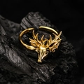 Polierter goldener S925 Silberring im Hirschkopf-Design mit verstellbarer Öffnung - Offene Größe 14 (Einstellbar 12-17) / 18K Gold