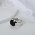 Minimalist S925 sterling silver open ring featuring a polished black enamel square inlay - Adjustable Size 14 / Vintage Silver - Style B