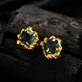 Pendientes de plata S925 con piedra cuadrada azul verdoso y textura estilo lava - Plata 925 / Oro de 18 quilates (con tapón de plata)