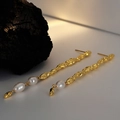 Asymmetric gold lava texture earrings with elegant freshwater pearls for women - 925 Silver / 18K Gold Plated (With Silver Earring Backs)