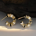 Gold-plated C-shaped earrings with black and white enamel and sparkling zircon accents - C-Shaped Black and White Enamel Style / 18K Gold