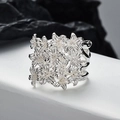 Auffälliger S925 Sterlingsilber Ring mit breitem Band und filigranem Blumenmuster - Offene Größe 14 (Einstellbar 12-17) / Silber
