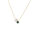14K gold plated necklace with a white round pearl and a green faceted gemstone pendant - Gold - May Green