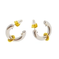 Close-up of dual-tone C-shaped hoop earrings with gold accents and butterfly backs - Two Colors