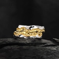 Zweifarbiger S925 Silber- und Goldring mit organischer Lavatextur und Relief-Effekt - Offene Größe 14 (Einstellbar 12-17) / Gold und Silber Zweifarbige Paar Ringe