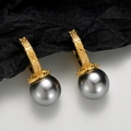 S925 Silber Creolen mit grauen Perlen und goldener Blumen-Gravur im Ethno-Stil - 925er Silber / Vintage-Gold (Einzelstück)