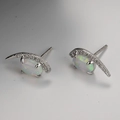 Elegant S925 sterling silver moon stud earrings with colorful opal stone and sparkling diamonds - 925 Silver / White Gold