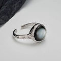 Adjustable S925 silver ring featuring a dark grey shell stone with irregular textured band - Adjustable Open Size (US 6.5-8) / White Gold