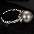 S925 sterling silver open ring with grey pearl and twisted rope band and small diamonds - Open Size 14 (Adjustable 12-17) / White Gold