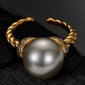 Golden rope ring with large grey pearl and micro-pave diamonds on black wood - Open Size 14 (Adjustable 12-17) / Ancient Gold