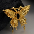Exquisite gold-plated S925 silver butterfly brooch with textured wings and black gemstone - 925 Silver / Vintage Gold