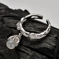 S925 sterling silver lava texture open ring with white agate teardrop pendant - Adjustable Size 14 / White Gold