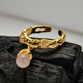 Lava texture gold open ring with pink onyx droplets and irregular organic metal design - Adjustable Size 14 / 18K Gold