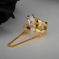 Ear cuff de doble capa dorada con cristal rectangular y detalle de cadena larga - Plata 925 / Oro de 18K