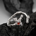 S925 Sterling Silber Dornenring mit Rosen und quadratischem rotem Zirkon-Edelstein - Verstellbare Größe 14 / Weißgold