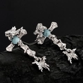 Gothic S925 silver cross earrings with light blue gemstone and phoenix bird pendant - 925 Silver / Platinum Plated (With Silver Earring Backs)