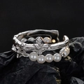 Irregular S925 silver cross ring with pearl chain band in gothic vintage style - Open (Adjustable) / White Gold