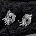 S925 silver stud earrings with translucent gray round stone and irregular texture finish - 925 Silver / Platinum (With Silver Ear Plugs)