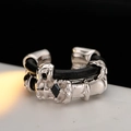 Ear cuff en argent S925 avec cordon de cuir noir et pierre précieuse noire - Argent 925 / Or Blanc (Seul)