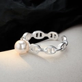 Minimalistischer S925 Sterling Silber Ring im Gliederkettendesign mit weißer Muschelperle - Einstellbar Offen / Silber