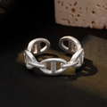 Minimalist matte S925 silver chain link open ring with adjustable anchor design - Open Size 14 (Adjustable 12-17) / Silver