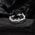 S925 Sterling silver cross open ring featuring light blue zircon on dark wood - Open Size 14 (Adjustable 12-17) / White Gold