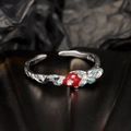 S925 sterling silver open ring featuring a vintage red rose and green leaf vine design - Open Size 14 (Adjustable 12-17) / White Gold
