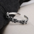 Vintage S925 sterling silver open ring with floral pattern and cubic zirconia accents - Adjustable Size 14 / Antique Silver