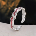 Irregular silver S925 ring with pink enamel inlay in a unique artistic textured design - 925 Silver / Cherry Blossom Pink Style (E5291)