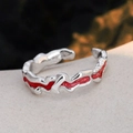 Irregular silver S925 ring with pink enamel wave texture and adjustable open band - 925 Silver / Rouge Pink Style (E5291)