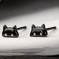 Minimalist S925 silver kitten stud earrings in glossy black enamel with white cat eye detail - Black & Gold