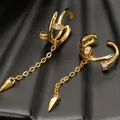 Goldener Nagel-Ohrclip aus S925 Silber mit Zirkonia-Besatz und langer Quastenkette - 925er Silber / 18K Gold (Einzeln)