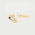 Elegante anillo abierto dorado con perla blanca redonda grande y diseño minimalista - Talla 14 (Abierto Ajustable) / Oro de 18K