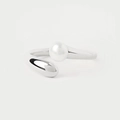 Elegante anillo abierto de plata 925 con perla blanca redonda y diseño envolvente minimal - Talla 14 (Abierto Ajustable) / Oro Blanco