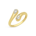Elegant gold S925 sterling silver bypass ring with sparkling pear cut double zircons - Size 14 (Open Adjustable) / 18K Gold