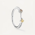 Anillo abierto de plata S925 con piedras bicolor y detalle de cadena colgante elegante - Talla 14 (Abierto Ajustable) / Oro Blanco