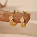 Elegant gold S925 silver hoop earrings featuring double flower zircon studs on a wood branch - 925 Silver / 18K Gold