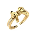Elegant gold bow open ring with sparkling white cubic zirconia stones in S925 sterling silver - Size 14 (Open Adjustable) / 18K Gold