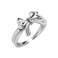 Adjustable S925 sterling silver bow ring with shimmering zircon side stones in silver - Size 14 (Open Adjustable) / White Gold