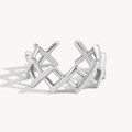 Polished S925 sterling silver ring with hollow geometric X pattern and open design - Size 14 (Open Adjustable) / White Gold